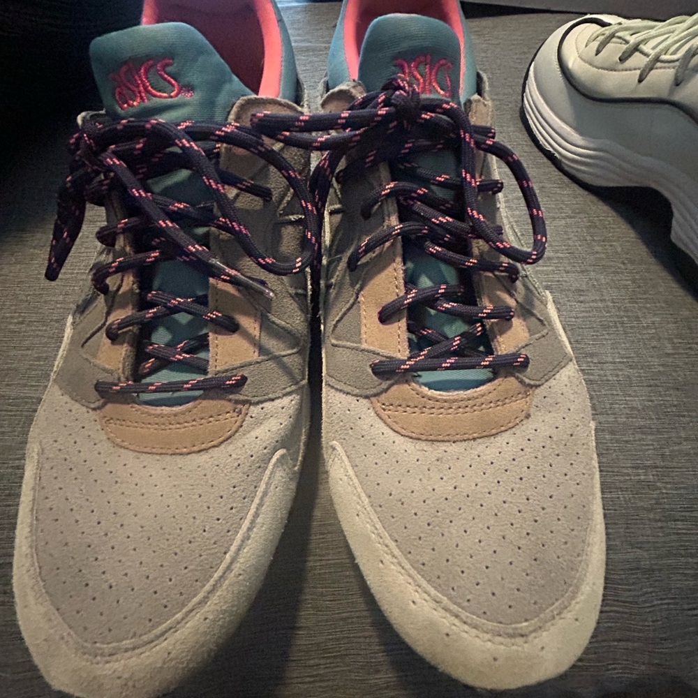 ASICS Beige and Teal Sneakers with Pink Highlights